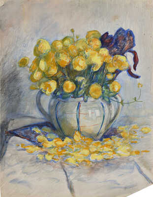 Пискарев Николай Иванович. Букет с ирисами и купальницами (на оборотной стороне изображение иконы «Божья матерь с младенцем»)